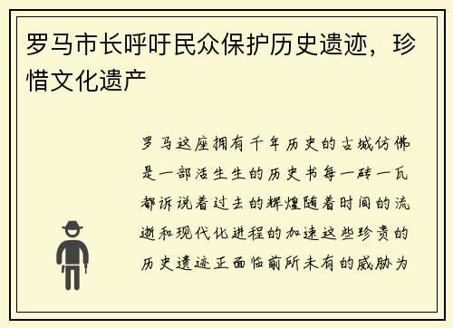 罗马市长呼吁民众保护历史遗迹，珍惜文化遗产