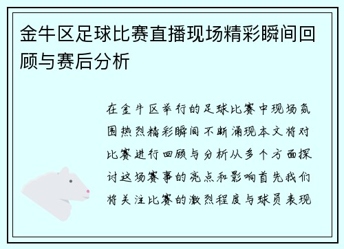 金牛区足球比赛直播现场精彩瞬间回顾与赛后分析